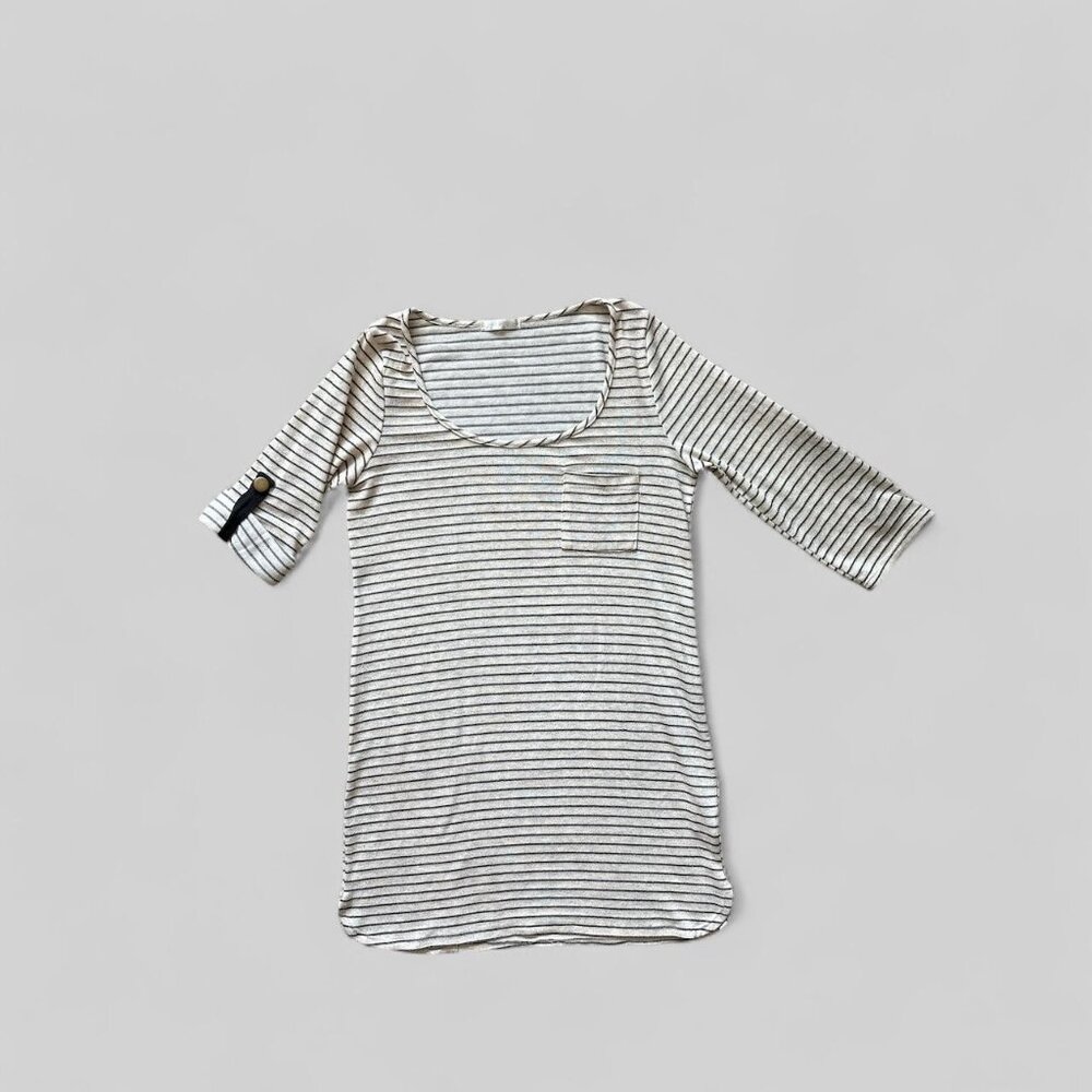 Just Ginger Shirt Womens Medium Gray Striped 3/4 Sleeve Scoop Neck Pocket USA